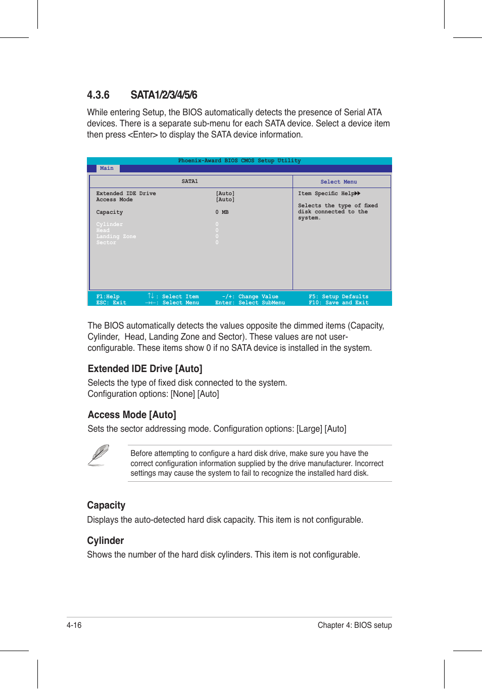 Extended ide drive [auto, Access mode [auto, Capacity | Cylinder | Asus P5N32-E SLI Plus User Manual | Page 84 / 158