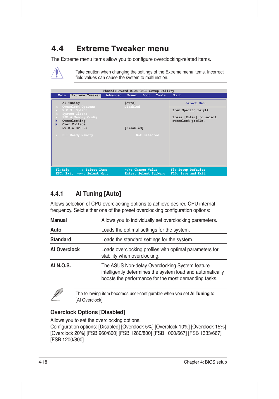 4 extreme tweaker menu, 1 ai tuning [auto, Overclock options [disabled | Asus P5N32-E SLI Plus User Manual | Page 86 / 158