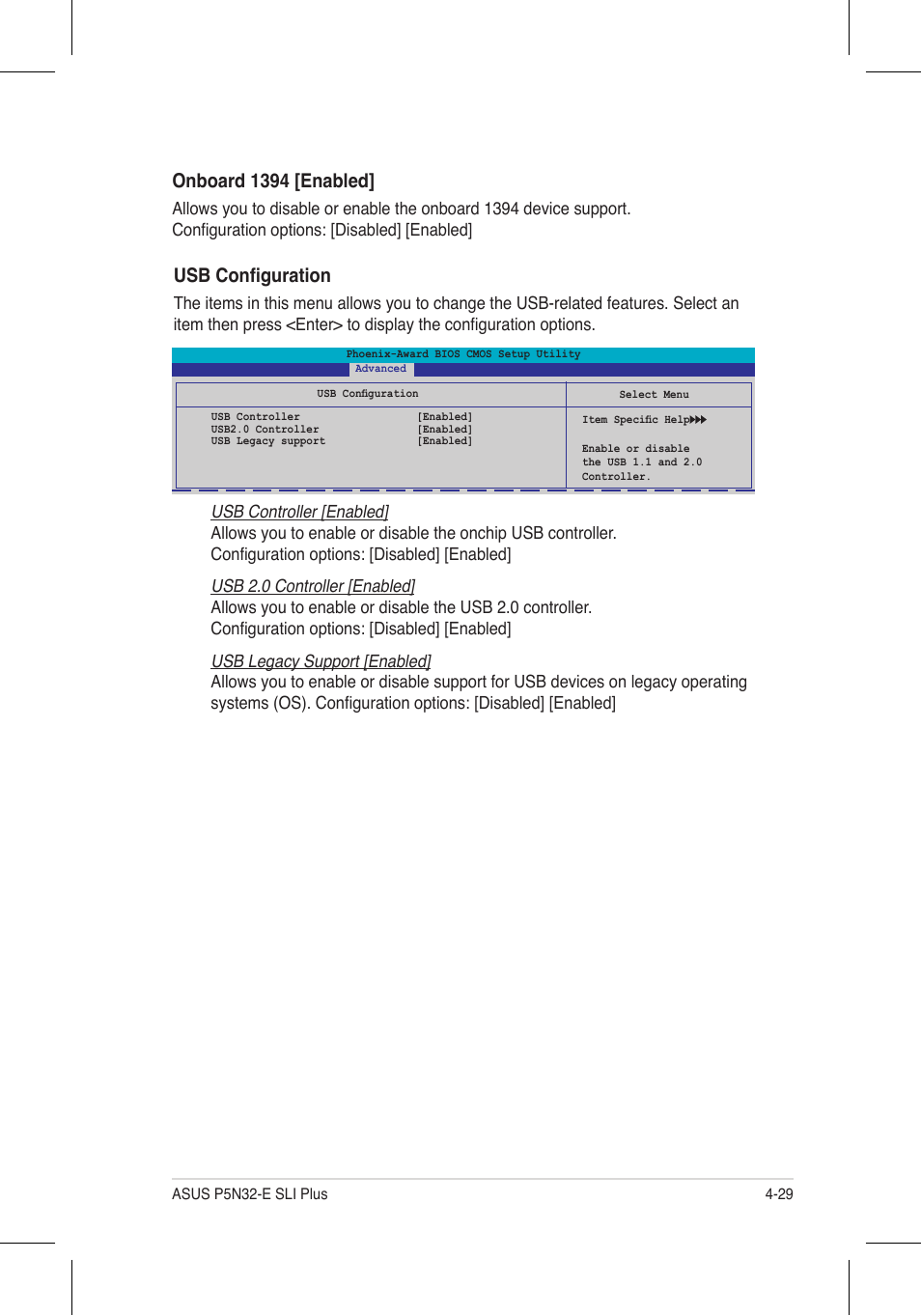 Onboard 1394 [enabled, Usb configuration | Asus P5N32-E SLI Plus User Manual | Page 97 / 158