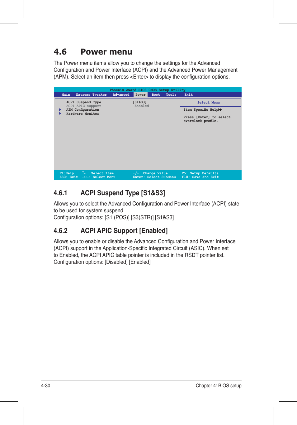 6 power menu, 1 acpi suspend type [s1&s3, 2 acpi apic support [enabled | Asus P5N32-E SLI Plus User Manual | Page 98 / 158