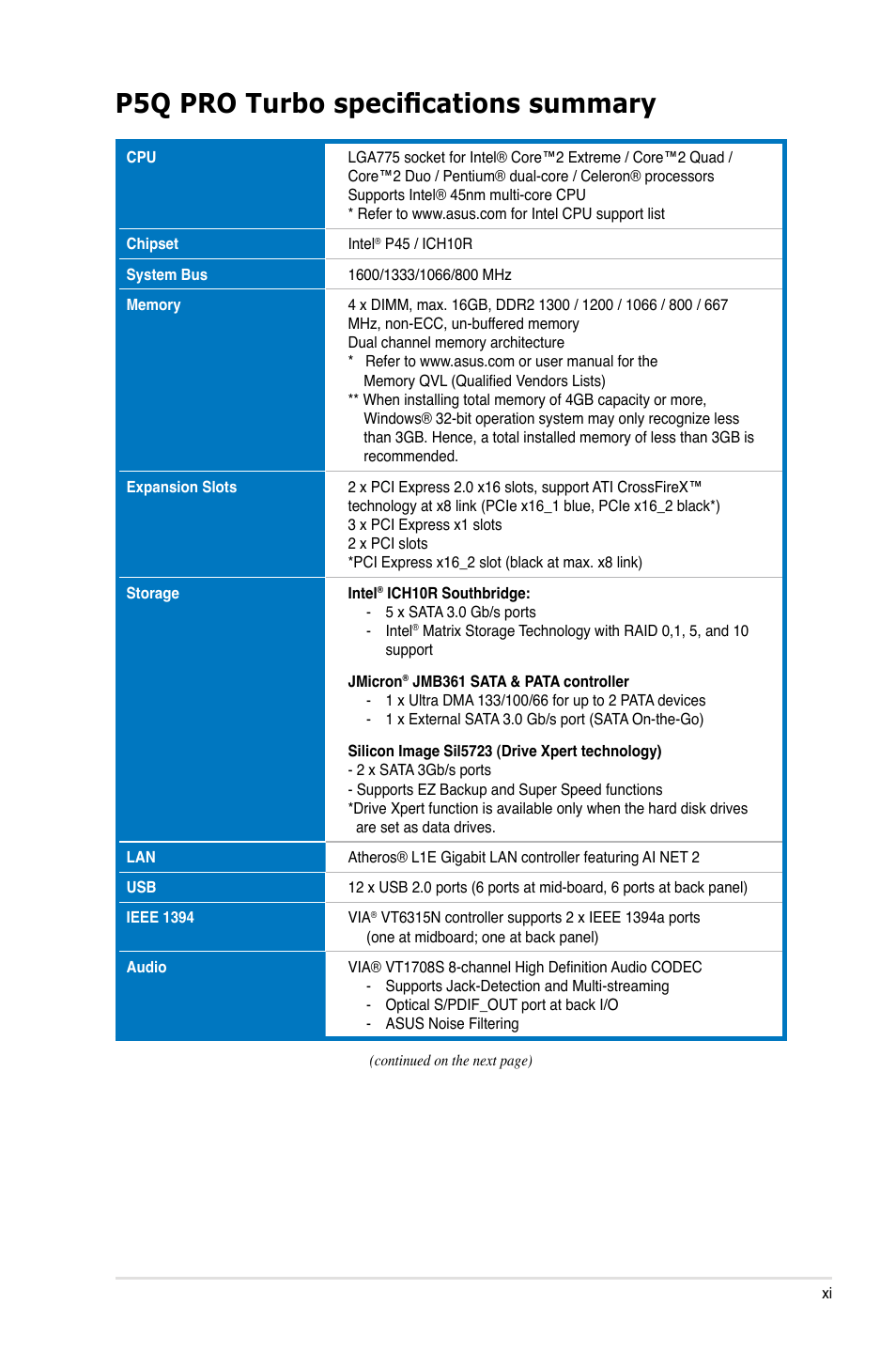 P5q pro turbo specifications summary | Asus P5Q PRO TURBO User Manual | Page 11 / 124