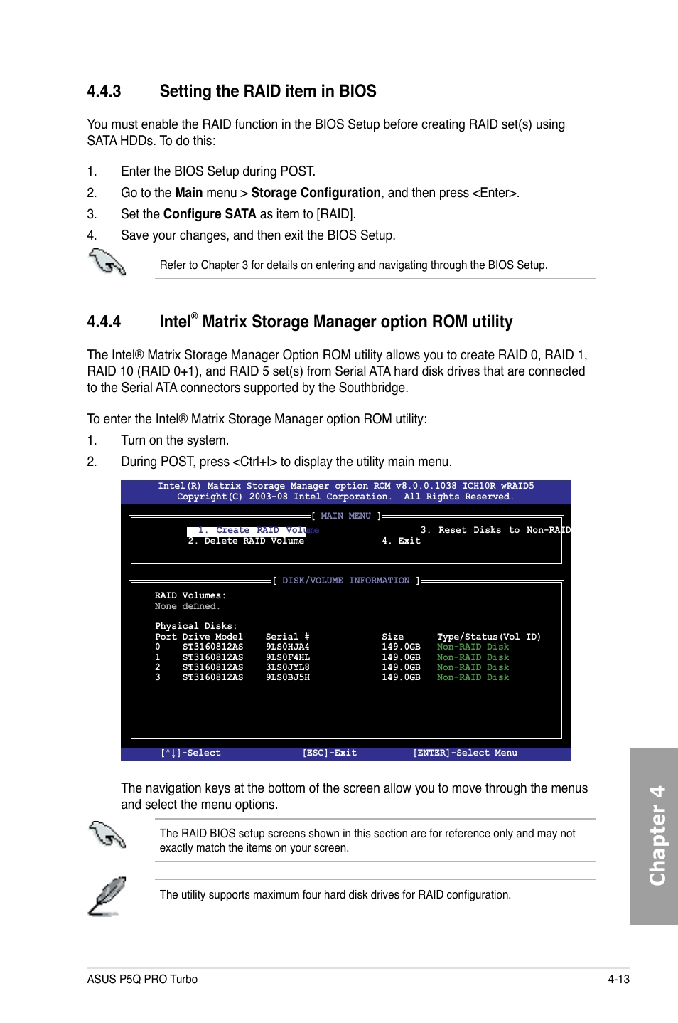 Chapter 4, 3 setting the raid item in bios, 4 intel | Matrix storage manager option rom utility | Asus P5Q PRO TURBO User Manual | Page 111 / 124