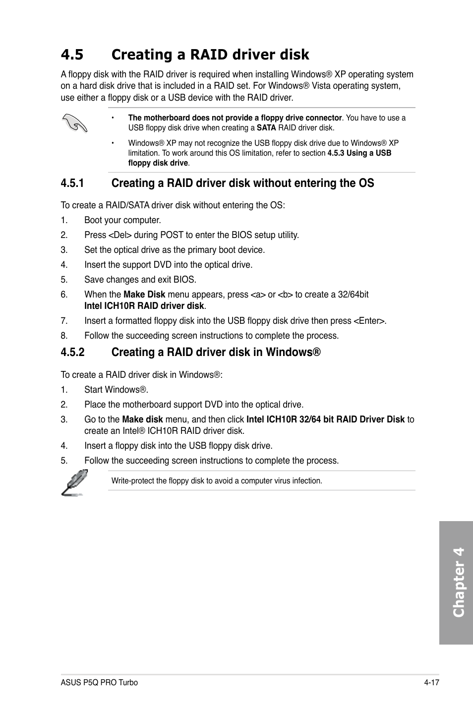 Chapter 4 4.5 creating a raid driver disk, 2 creating a raid driver disk in windows | Asus P5Q PRO TURBO User Manual | Page 115 / 124