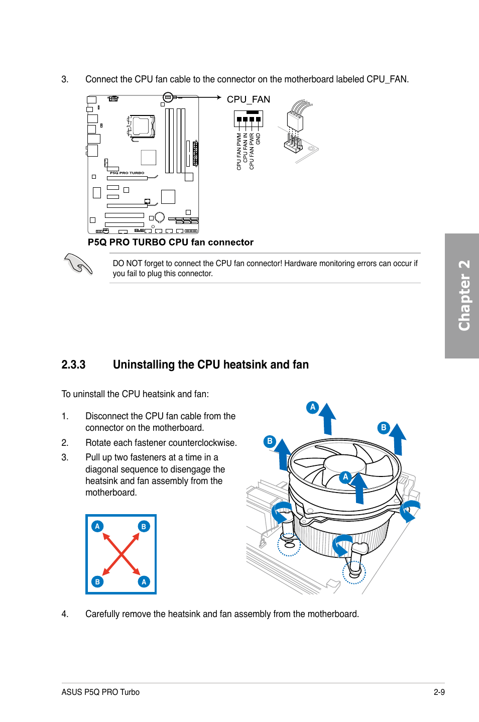 Chapter 2, 3 uninstalling the cpu heatsink and fan | Asus P5Q PRO TURBO User Manual | Page 29 / 124
