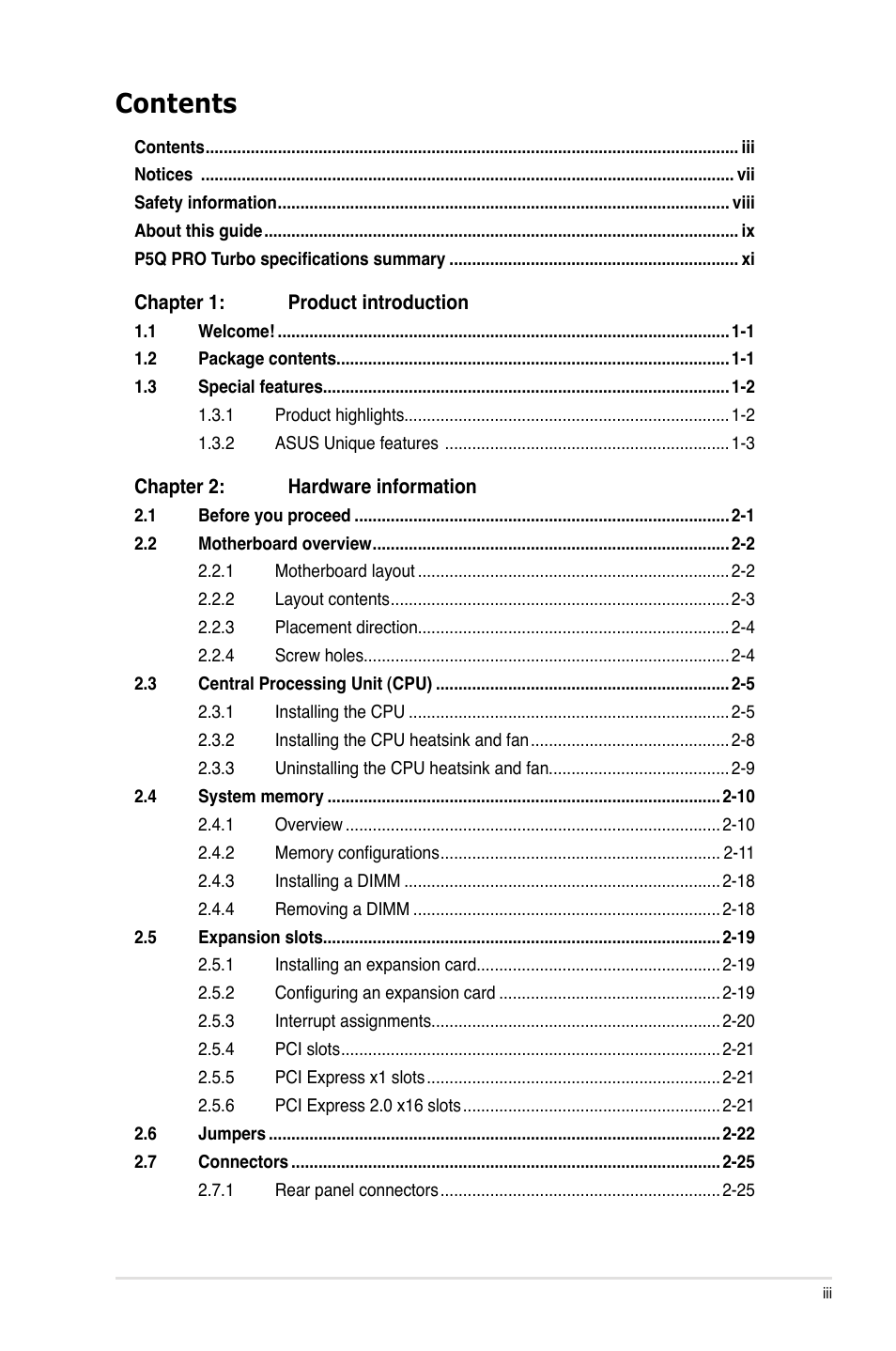 Asus P5Q PRO TURBO User Manual | Page 3 / 124