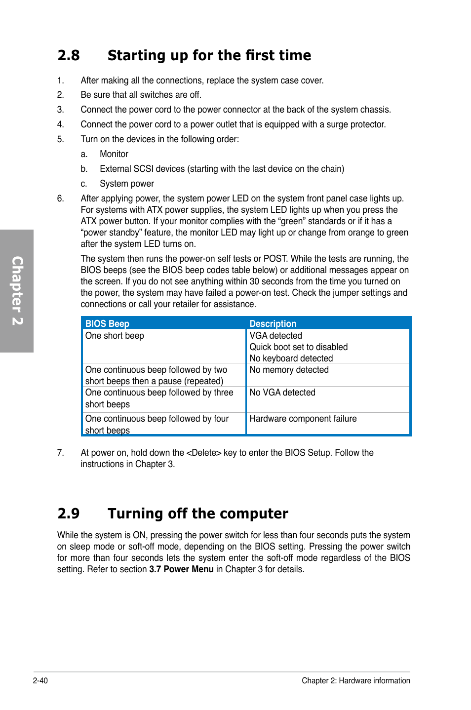 Chapter 2 2.8 starting up for the first time, 9 turning off the computer | Asus P5Q PRO TURBO User Manual | Page 60 / 124