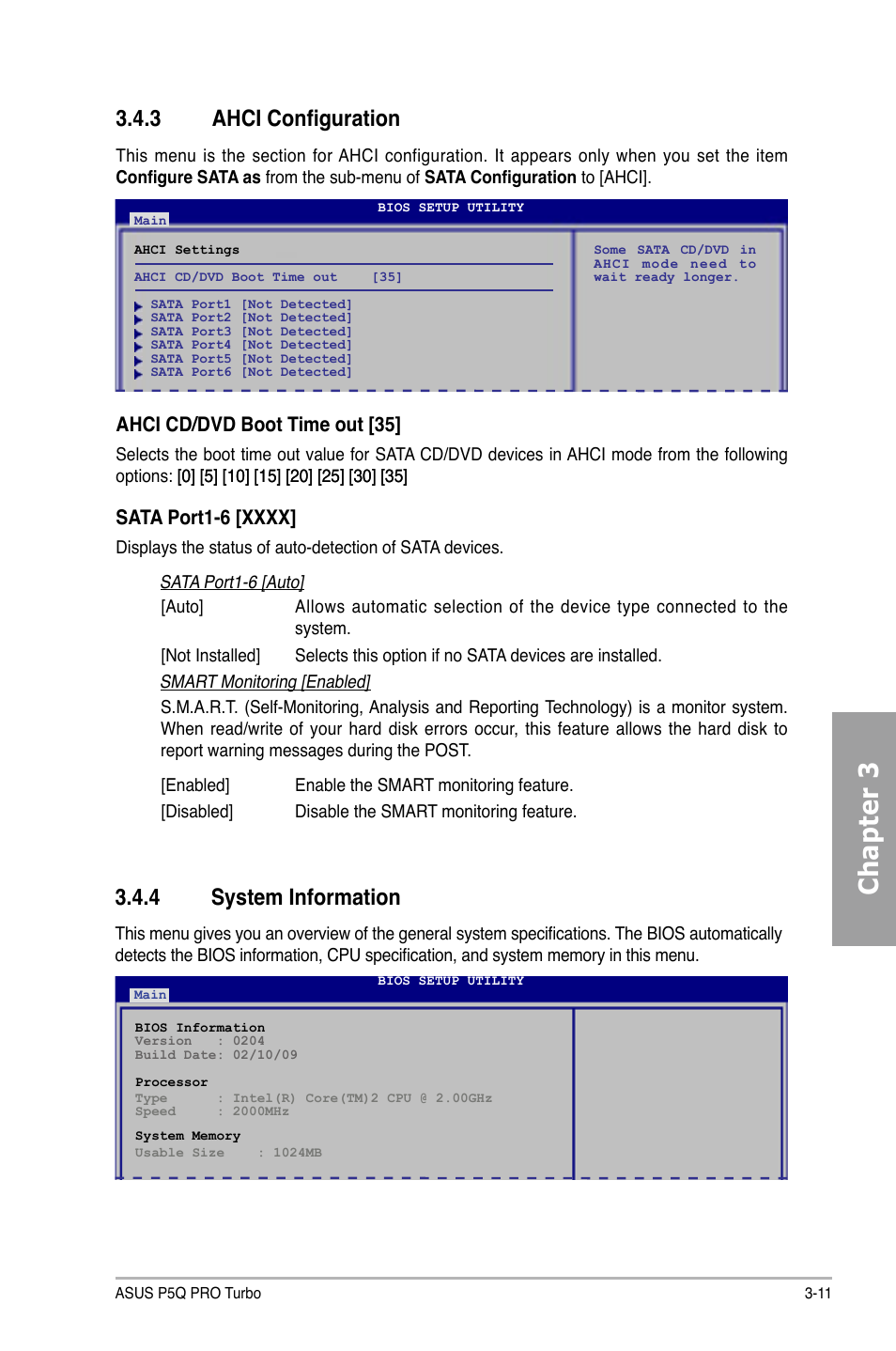 Chapter 3, 4 system information, 3 ahci configuration | Ahci cd/dvd boot time out [35 | Asus P5Q PRO TURBO User Manual | Page 71 / 124