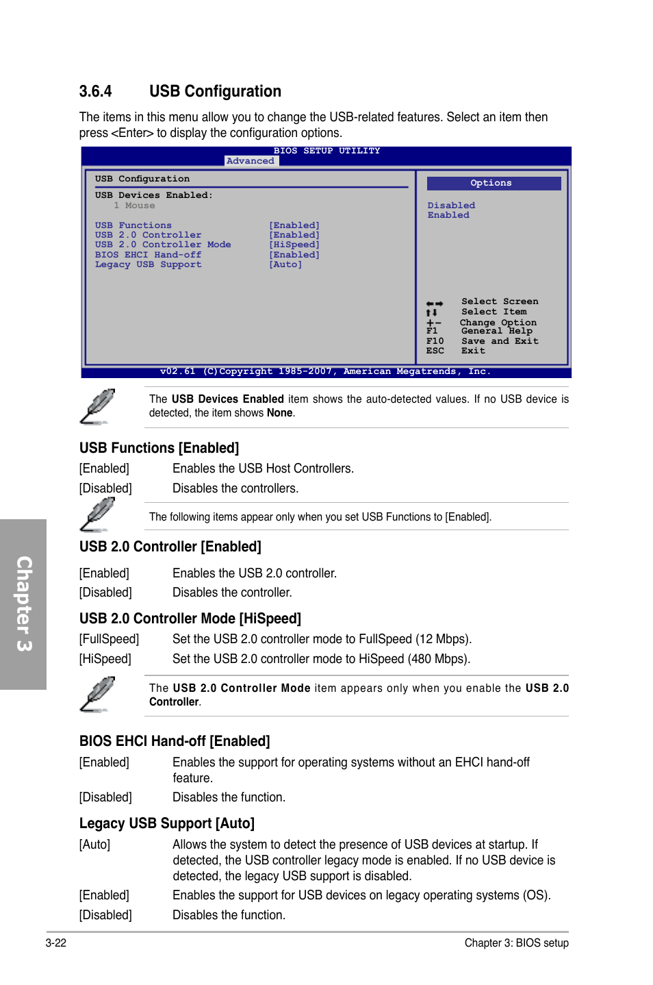 Chapter 3, 4 usb configuration, Usb functions [enabled | Usb 2.0 controller [enabled, Usb 2.0 controller mode [hispeed, Bios ehci hand-off [enabled, Legacy usb support [auto | Asus P5Q PRO TURBO User Manual | Page 82 / 124