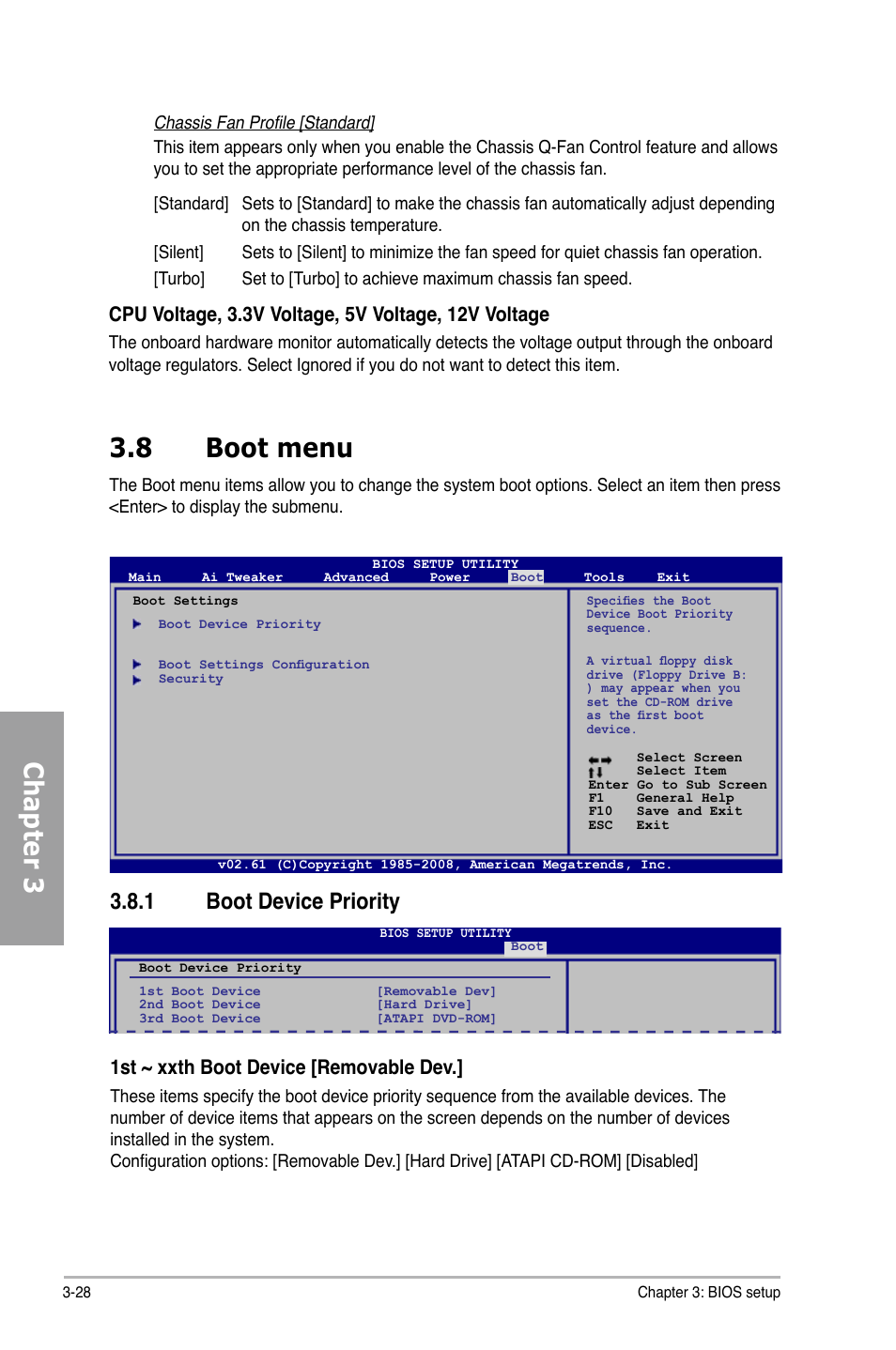 Chapter 3 3.8 boot menu, 1 boot device priority, 1st ~ xxth boot device [removable dev | Asus P5Q PRO TURBO User Manual | Page 88 / 124