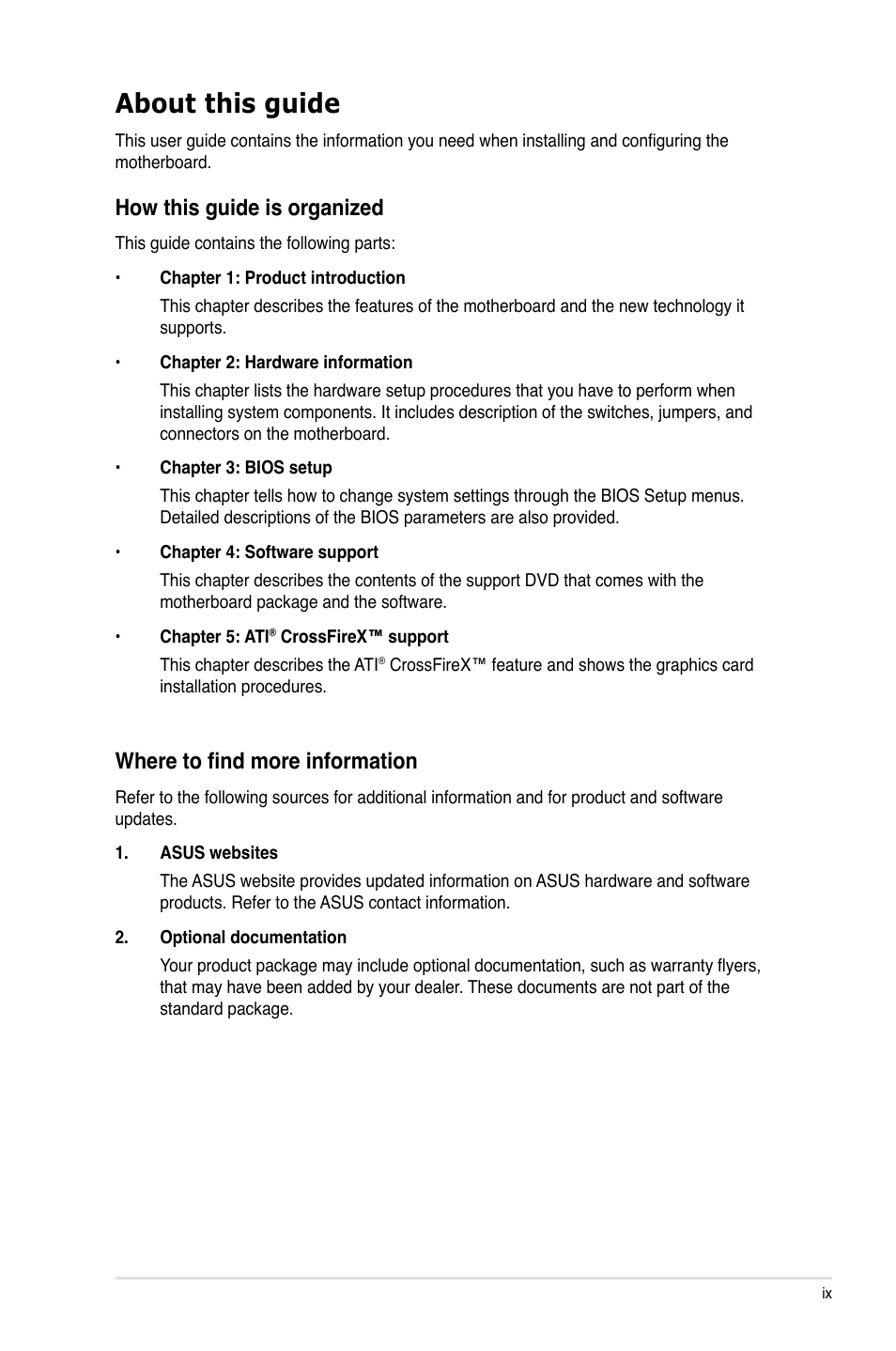 About this guide, How this guide is organized, Where to find more information | Asus P5Q PRO TURBO User Manual | Page 9 / 124