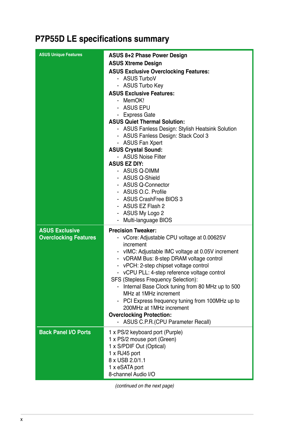 P7p55d le specifications summary | Asus P7P55D LE User Manual | Page 10 / 68