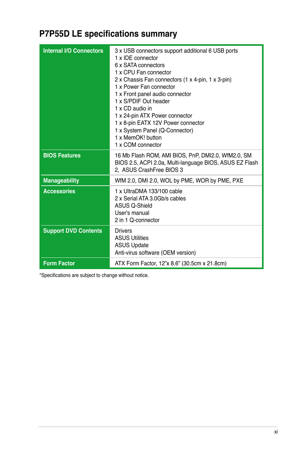 P7p55d le specifications summary | Asus P7P55D LE User Manual | Page 11 / 68