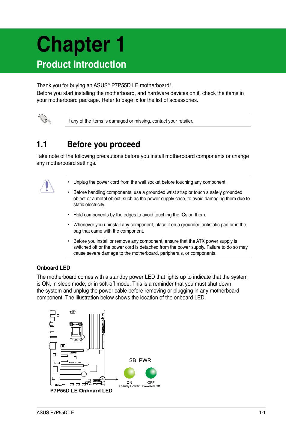 Chapter 1, Product introduction, 1 before you proceed | Asus P7P55D LE User Manual | Page 13 / 68