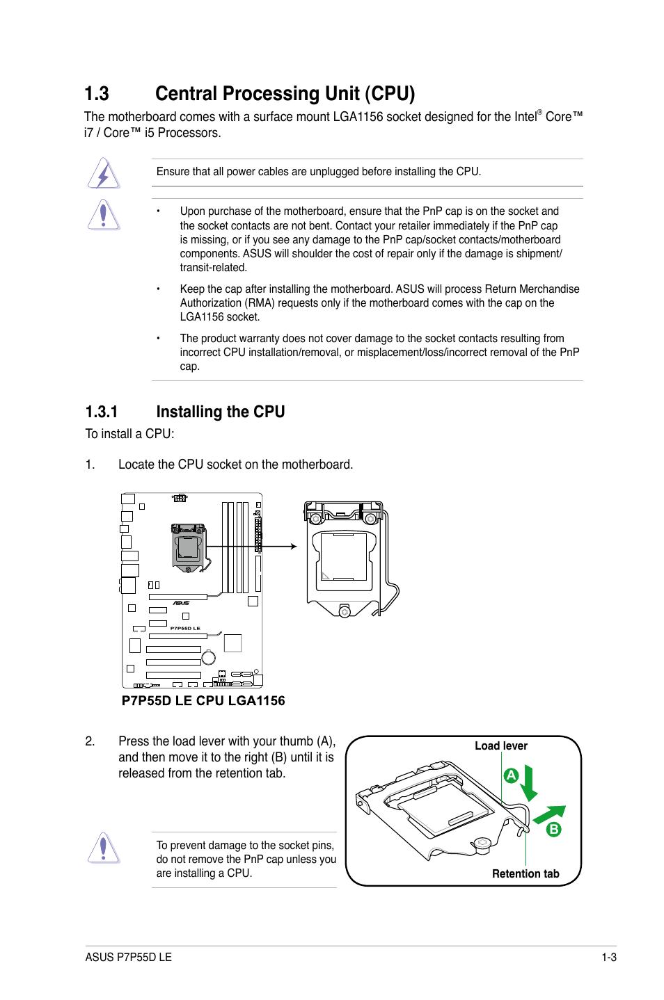 3 central processing unit (cpu), 1 installing the cpu | Asus P7P55D LE User Manual | Page 15 / 68