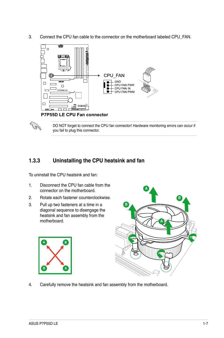 3 uninstalling the cpu heatsink and fan | Asus P7P55D LE User Manual | Page 19 / 68