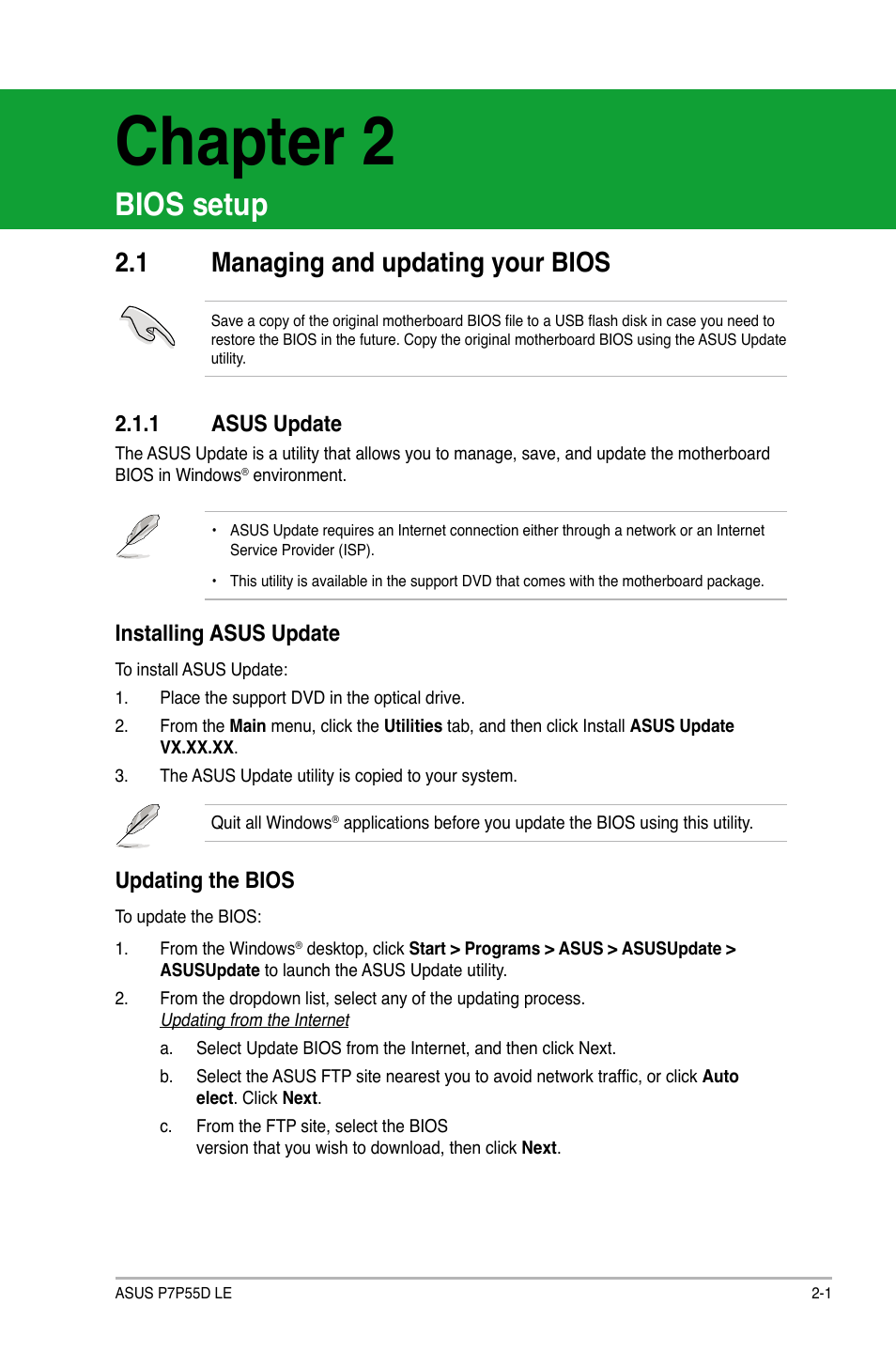 Chapter 2, Bios setup, 1 managing and updating your bios | 1 asus update, Installing asus update, Updating the bios | Asus P7P55D LE User Manual | Page 39 / 68