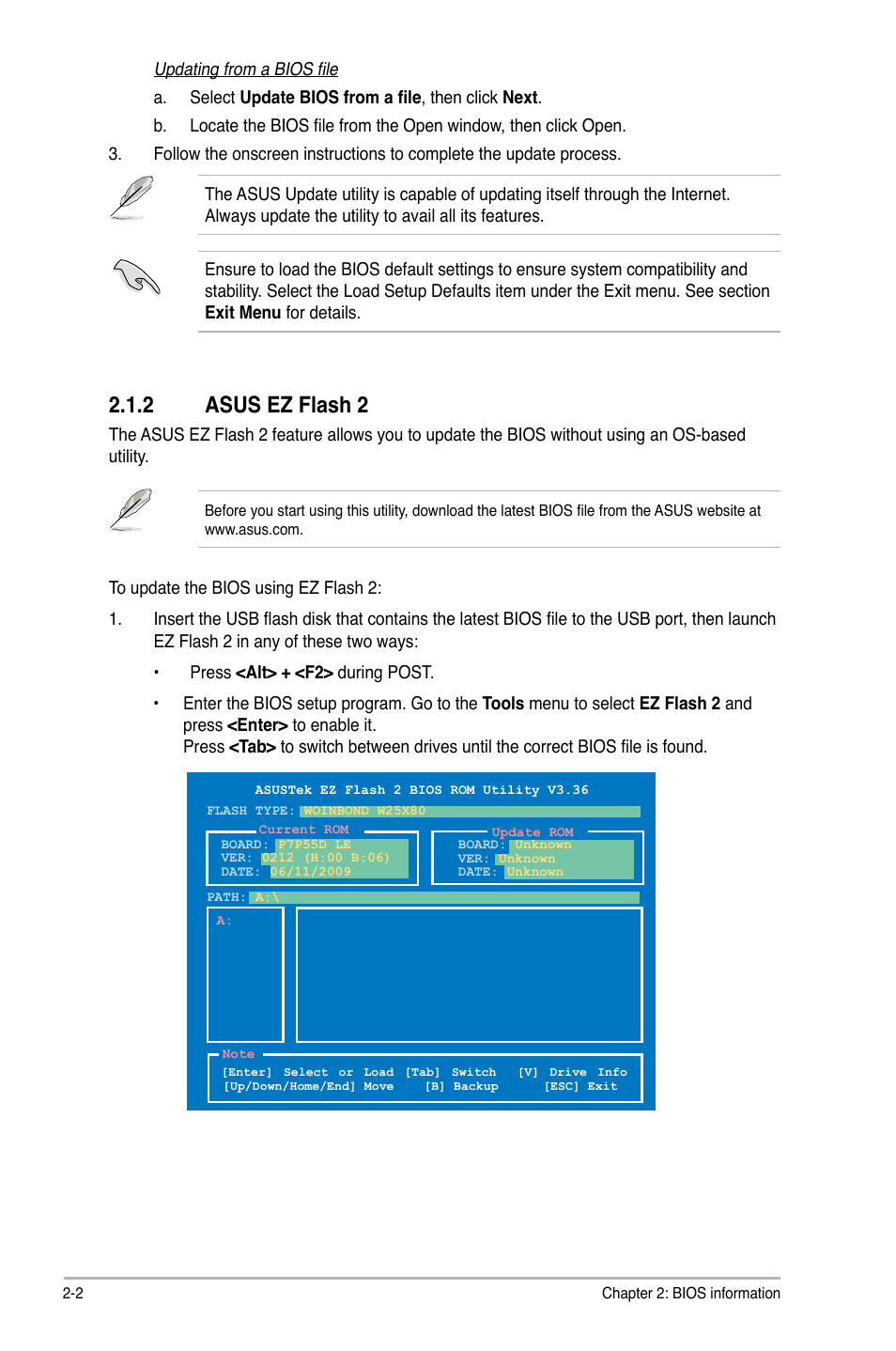 2 asus ez flash 2 | Asus P7P55D LE User Manual | Page 40 / 68