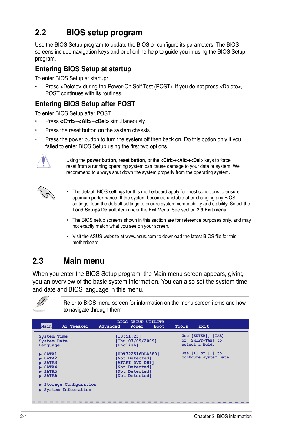 2 bios setup program, 3 main menu, Entering bios setup at startup | Entering bios setup after post | Asus P7P55D LE User Manual | Page 42 / 68