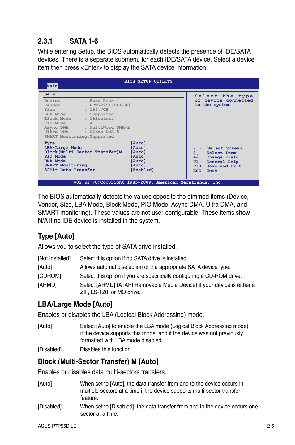 1 sata 1-6, Type [auto, Lba/large mode [auto | Block (multi-sector transfer) m [auto, Enables or disables data multi-sectors transfers | Asus P7P55D LE User Manual | Page 43 / 68