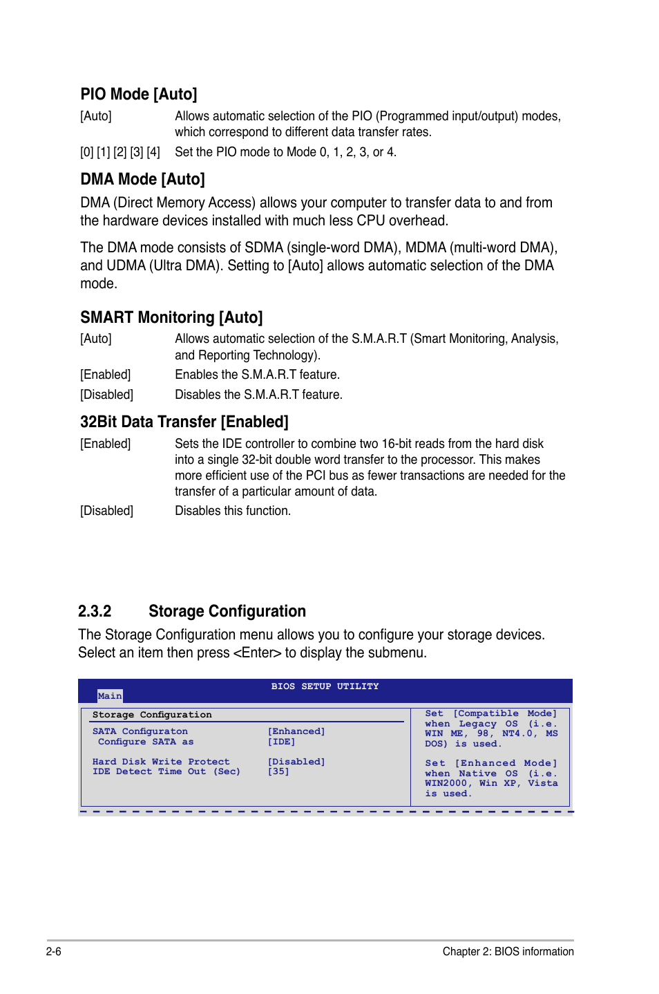 Pio mode [auto, Dma mode [auto, Smart monitoring [auto | 32bit data transfer [enabled, 2 storage configuration | Asus P7P55D LE User Manual | Page 44 / 68