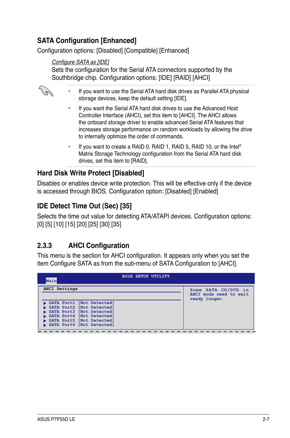 Sata configuration [enhanced, Hard disk write protect [disabled, Ide detect time out (sec) [35 | 3 ahci configuration | Asus P7P55D LE User Manual | Page 45 / 68