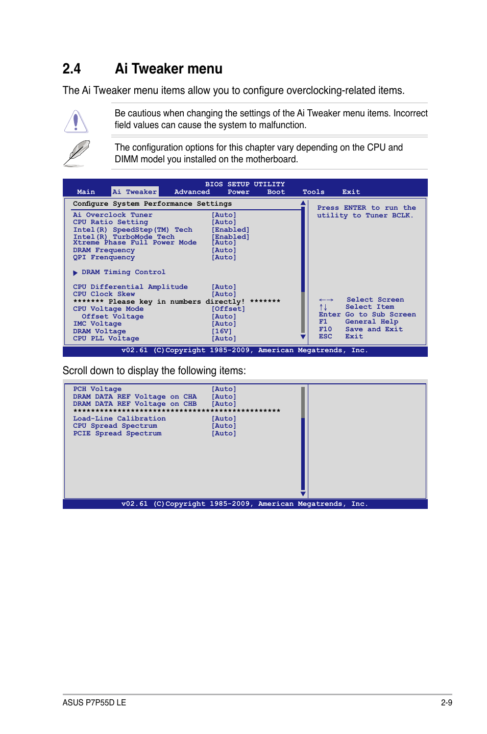 4 ai tweaker menu, Scroll down to display the following items | Asus P7P55D LE User Manual | Page 47 / 68