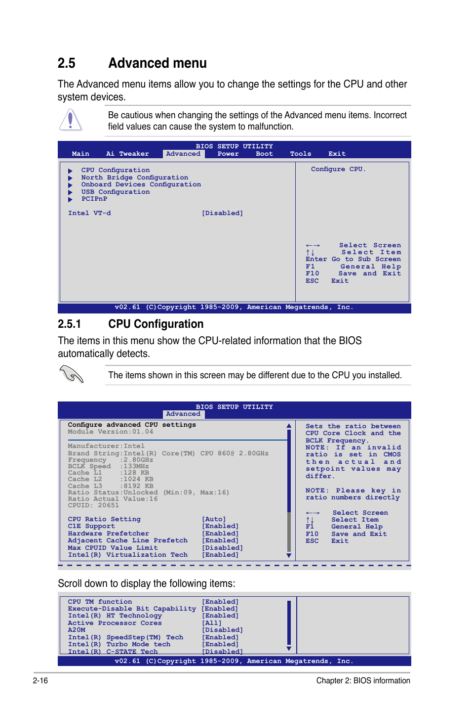 5 advanced menu, 1 cpu configuration, Scroll down to display the following items | Asus P7P55D LE User Manual | Page 54 / 68