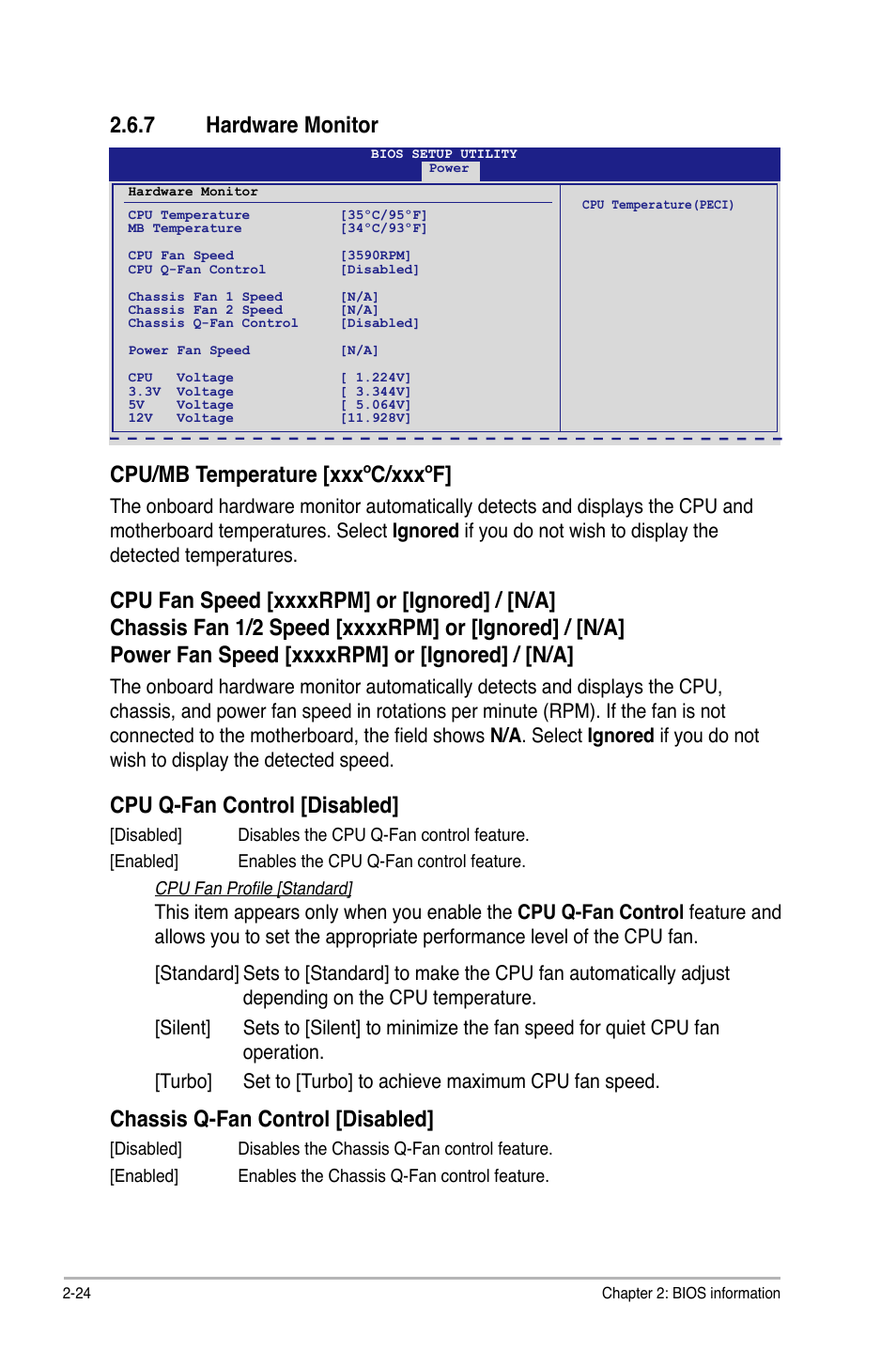 7 hardware monitor cpu/mb temperature [xxxºc/xxxºf, Cpu q-fan control [disabled, Chassis q-fan control [disabled | Asus P7P55D LE User Manual | Page 62 / 68