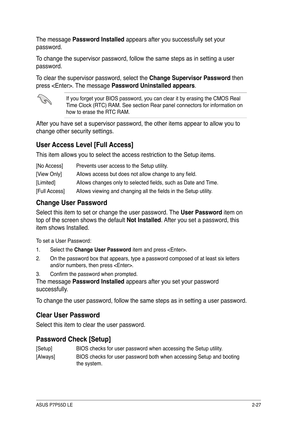 User access level [full access, Change user password, Clear user password | Password check [setup | Asus P7P55D LE User Manual | Page 65 / 68