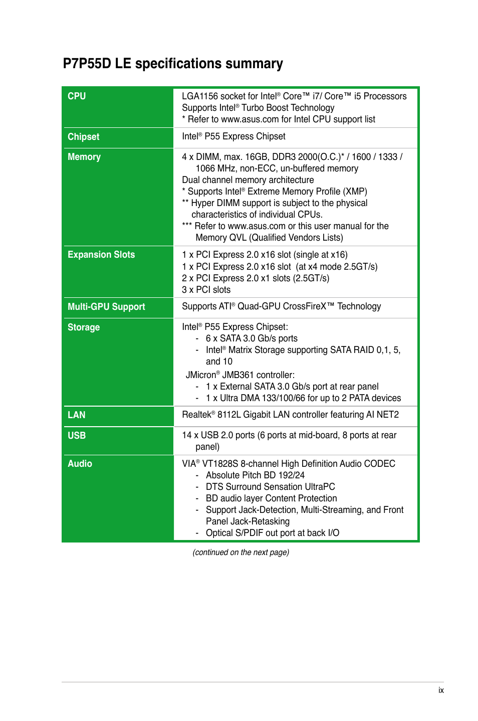P7p55d le specifications summary | Asus P7P55D LE User Manual | Page 9 / 68