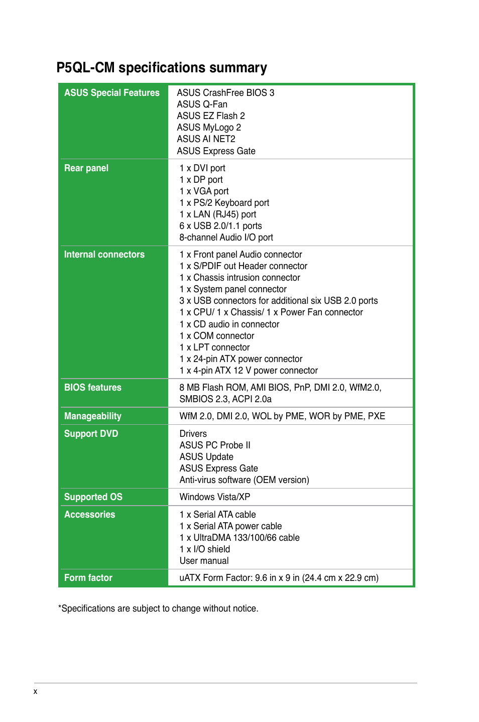 P5ql-cm specifications summary | Asus P5QL-CM User Manual | Page 10 / 60