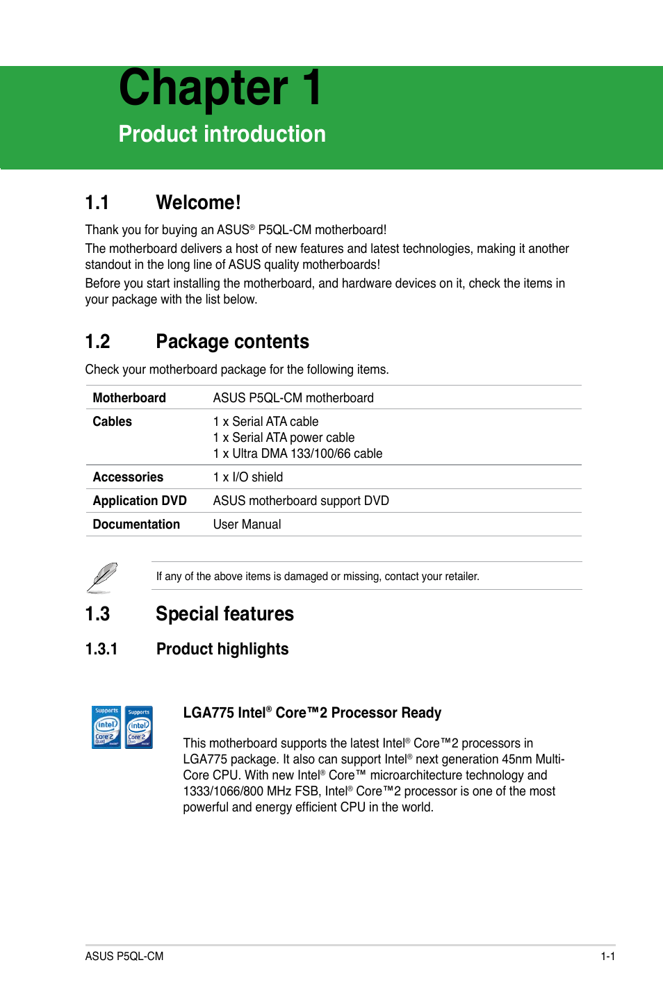 Chapter 1, Product introduction, 1 welcome | 2 package contents, 3 special features, 1 product highlights | Asus P5QL-CM User Manual | Page 11 / 60