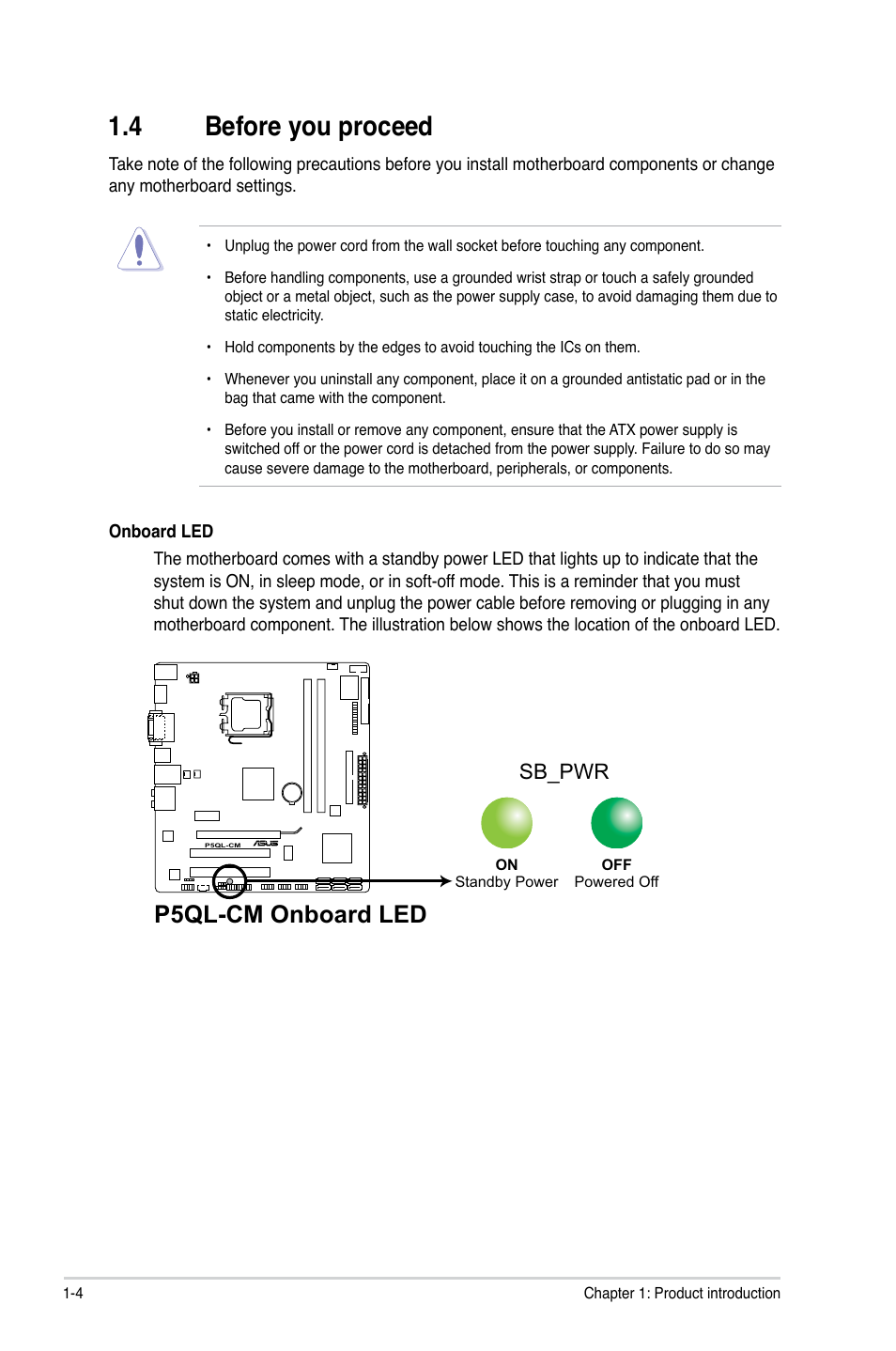 4 before you proceed, P5ql-cm onboard led, Sb_pwr | Asus P5QL-CM User Manual | Page 14 / 60