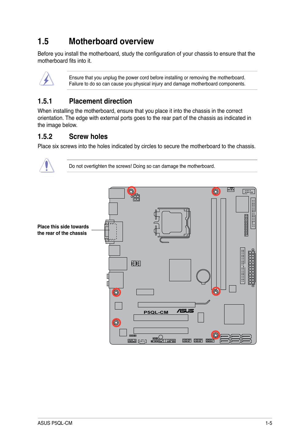 5 motherboard overview, 1 placement direction, 2 screw holes | Asus P5QL-CM User Manual | Page 15 / 60