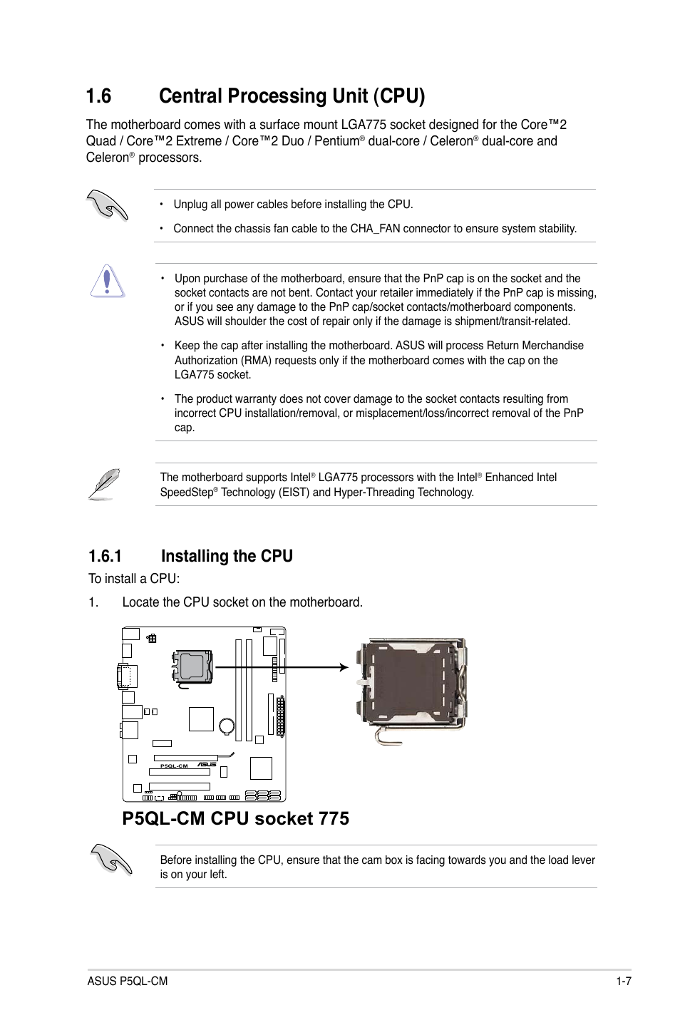 6 central processing unit (cpu), P5ql-cm cpu socket 775, 1 installing the cpu | Asus P5QL-CM User Manual | Page 17 / 60