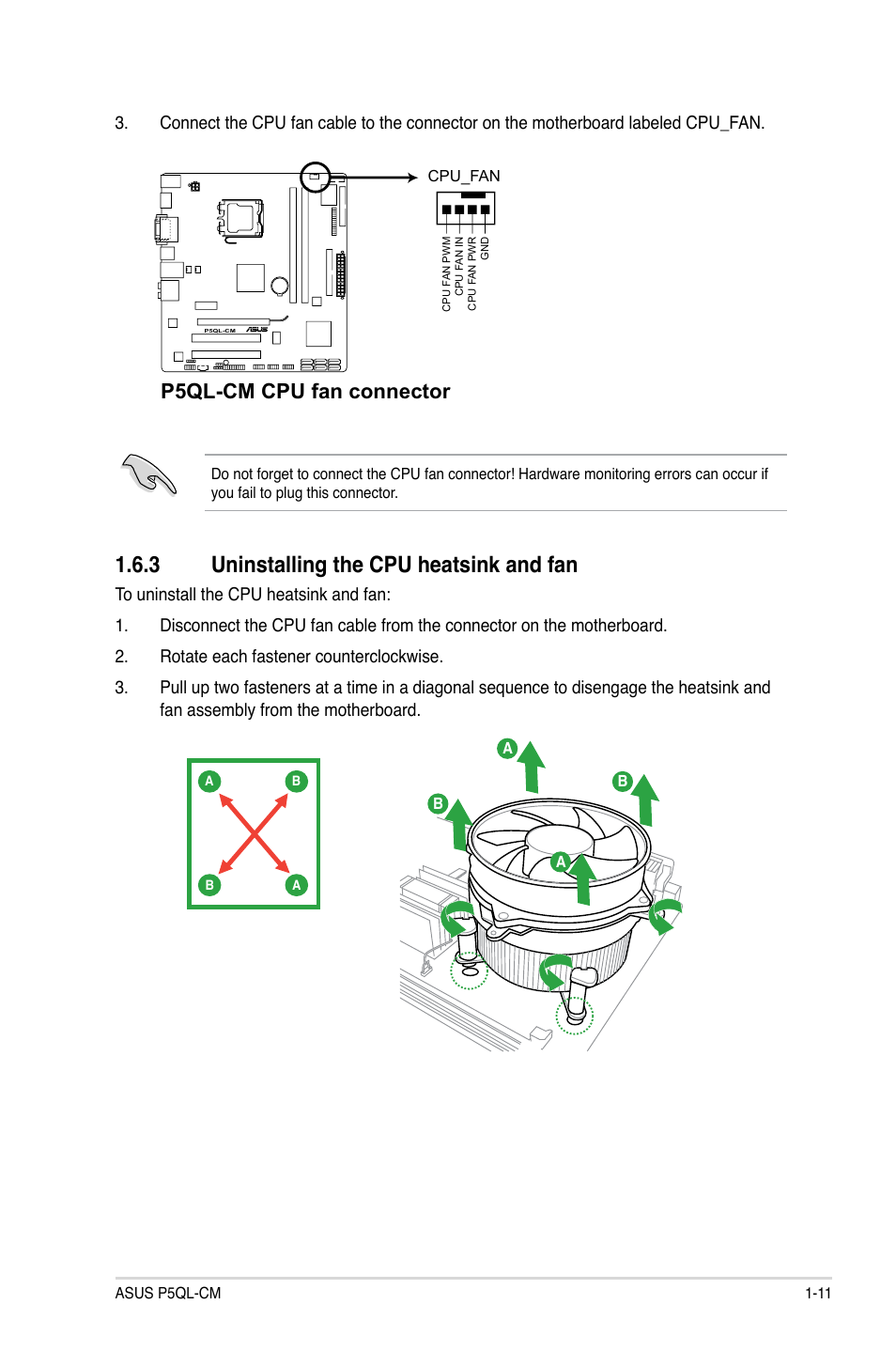 3 uninstalling the cpu heatsink and fan, P5ql-cm cpu fan connector | Asus P5QL-CM User Manual | Page 21 / 60