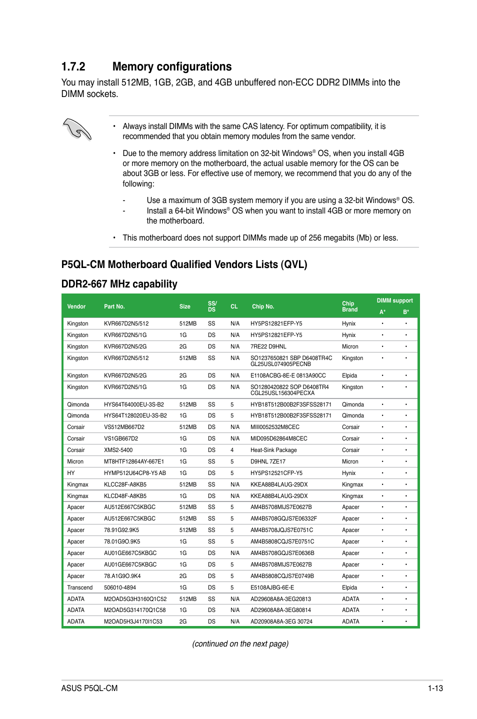 Continued on the next page), Asus p5ql-cm 1-13, Os. - install a 64-bit windows | Asus P5QL-CM User Manual | Page 23 / 60