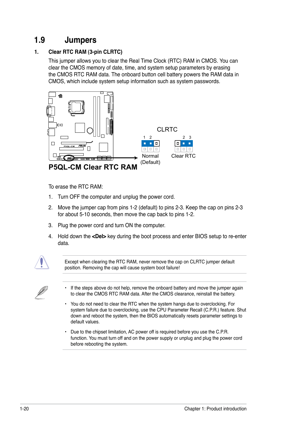 9 jumpers, P5ql-cm clear rtc ram | Asus P5QL-CM User Manual | Page 30 / 60