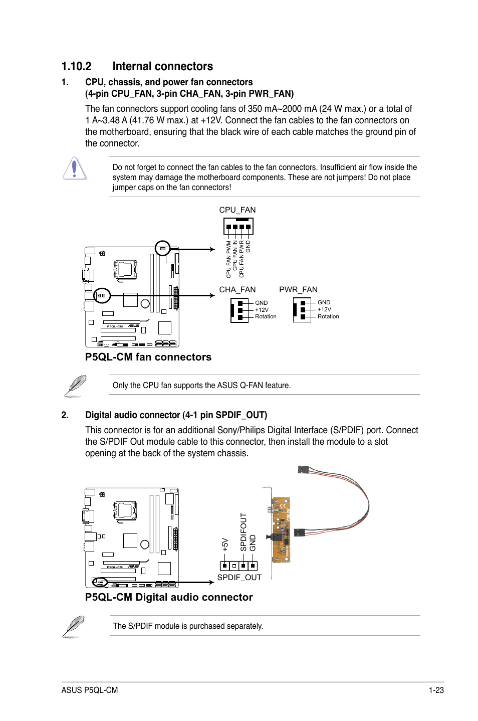 2 internal connectors, P5ql-cm fan connectors, P5ql-cm digital audio connector | Asus P5QL-CM User Manual | Page 33 / 60