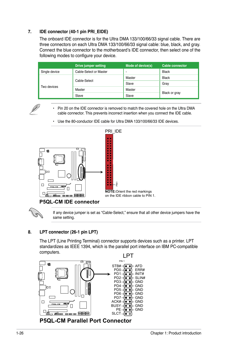 P5ql-cm parallel port connector, P5ql-cm ide connector | Asus P5QL-CM User Manual | Page 36 / 60