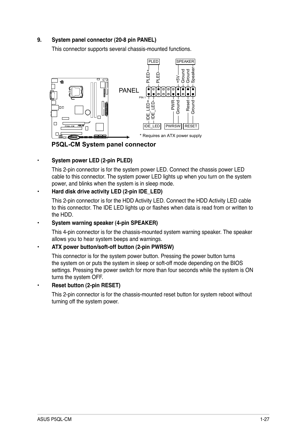 P5ql-cm system panel connector, Panel | Asus P5QL-CM User Manual | Page 37 / 60