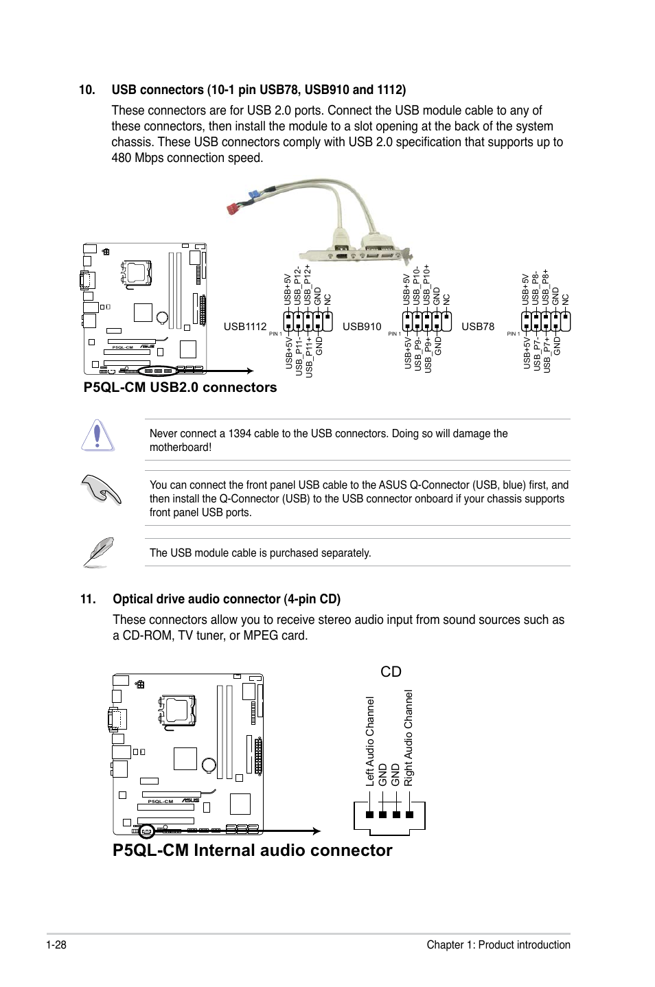 P5ql-cm internal audio connector, P5ql-cm usb2.0 connectors | Asus P5QL-CM User Manual | Page 38 / 60