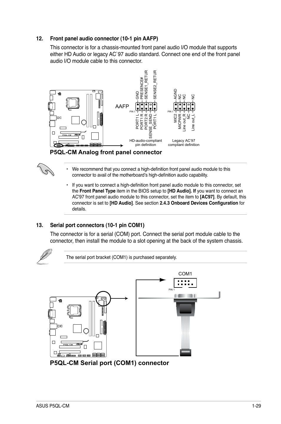 P5ql-cm serial port (com1) connector, P5ql-cm analog front panel connector | Asus P5QL-CM User Manual | Page 39 / 60