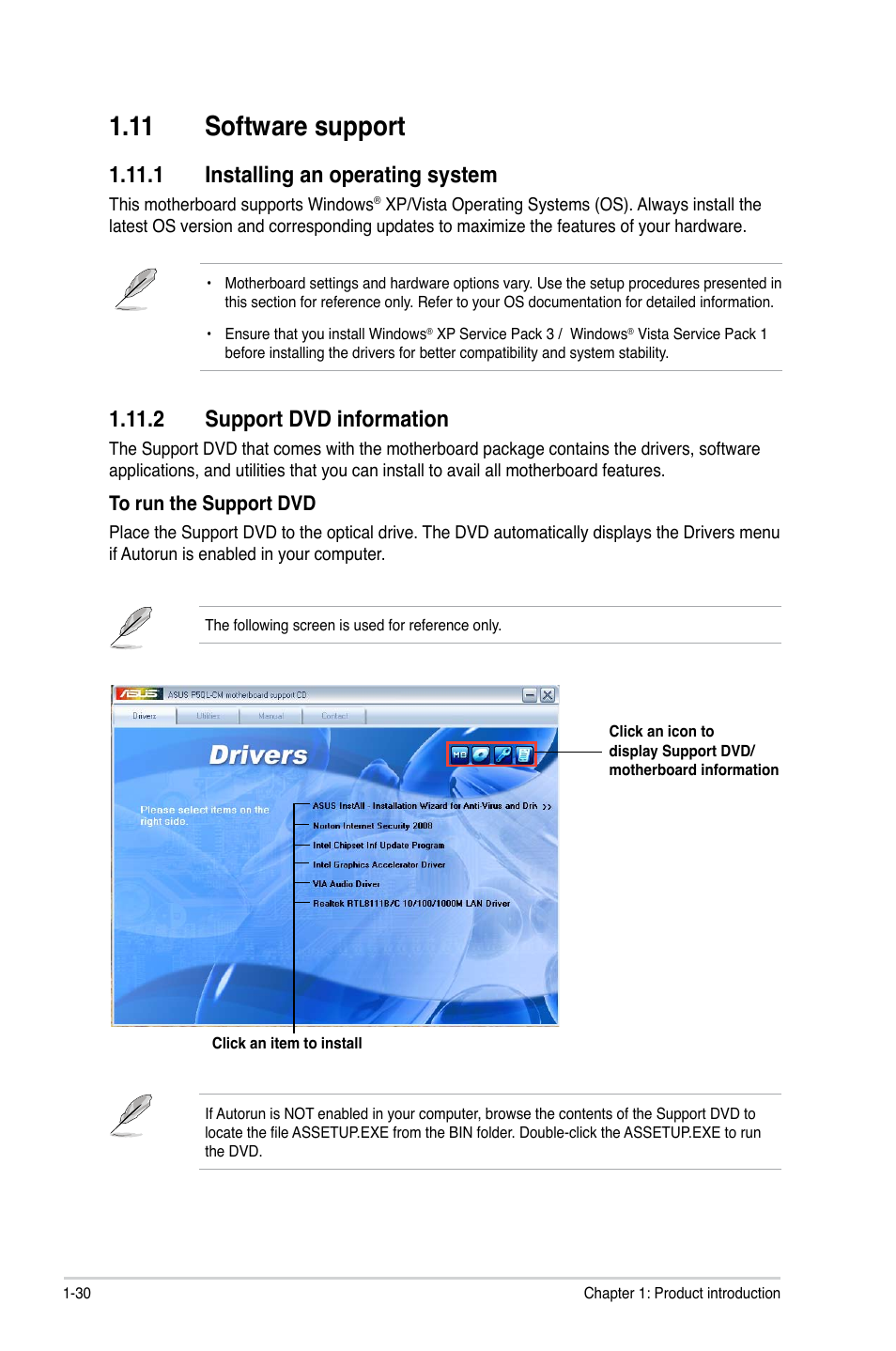 11 software support, 1 installing an operating system, 2 support dvd information | Asus P5QL-CM User Manual | Page 40 / 60