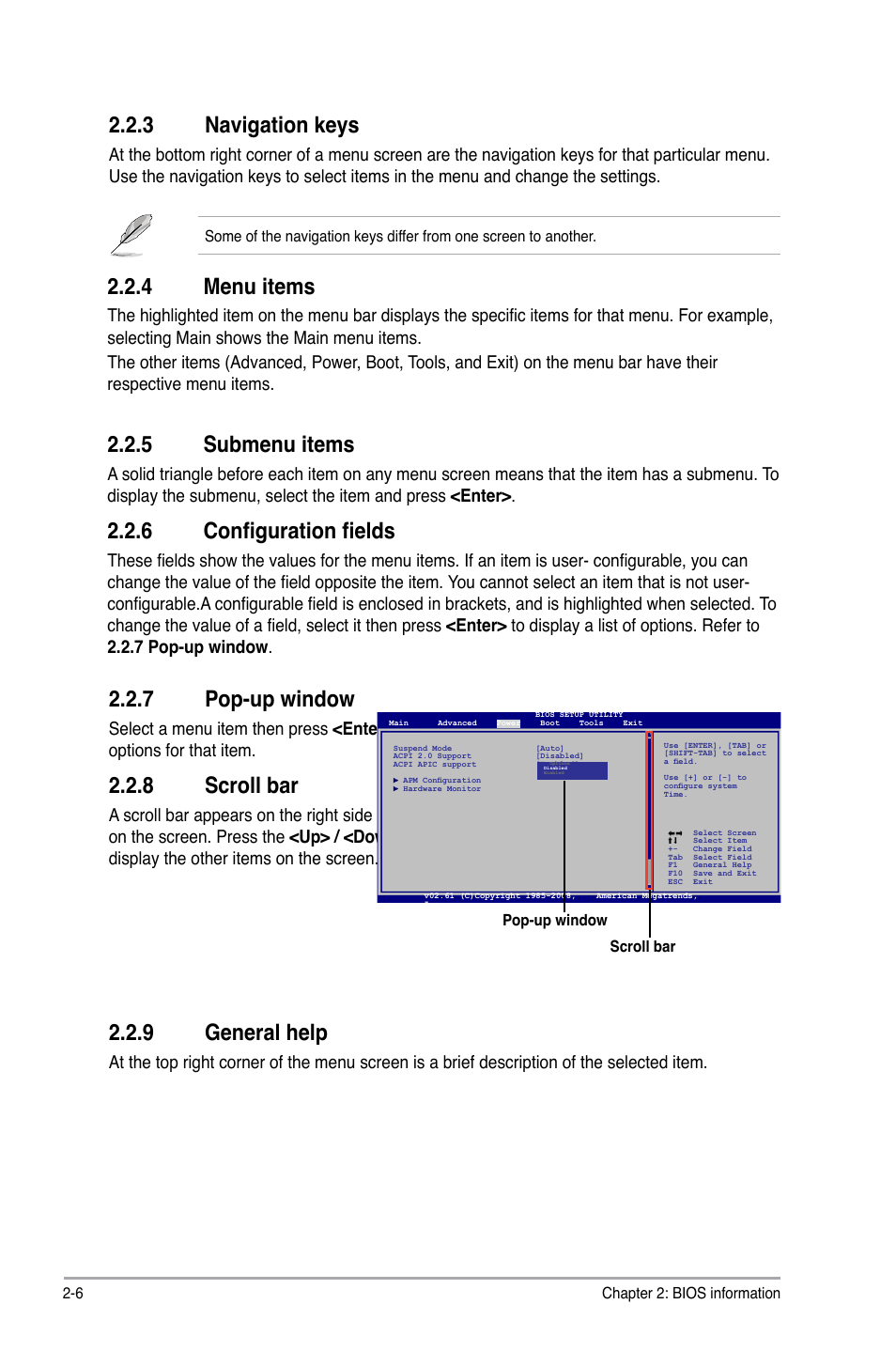 3 navigation keys, 4 menu items, 5 submenu items | 6 configuration fields, 7 pop-up window, 8 scroll bar, 9 general help | Asus P5QL-CM User Manual | Page 46 / 60