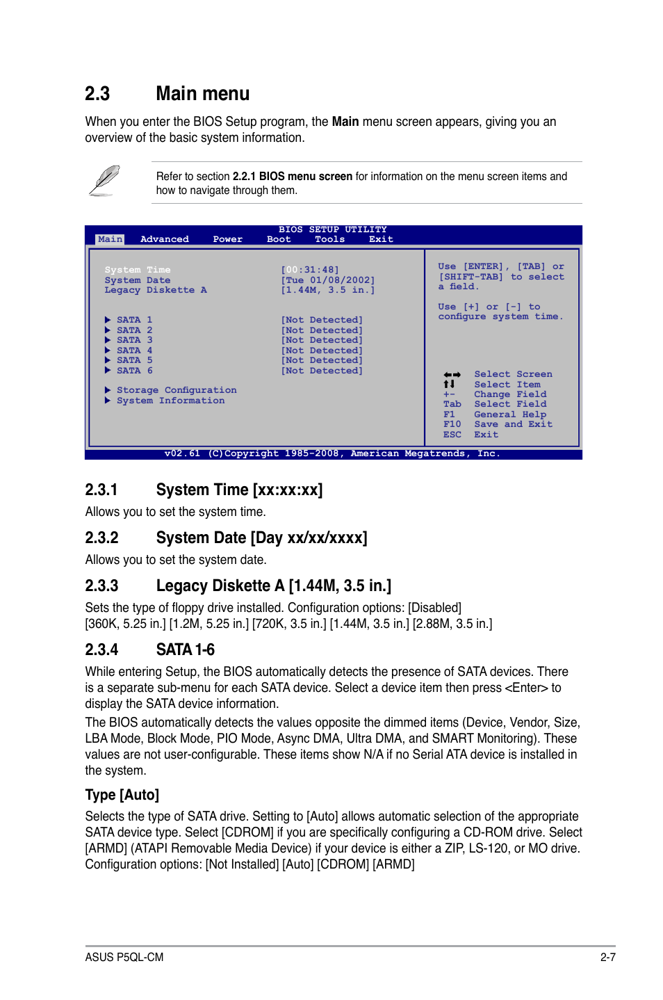 3 main menu, 1 system time [xx:xx:xx, 4 sata 1-6 | Type [auto | Asus P5QL-CM User Manual | Page 47 / 60