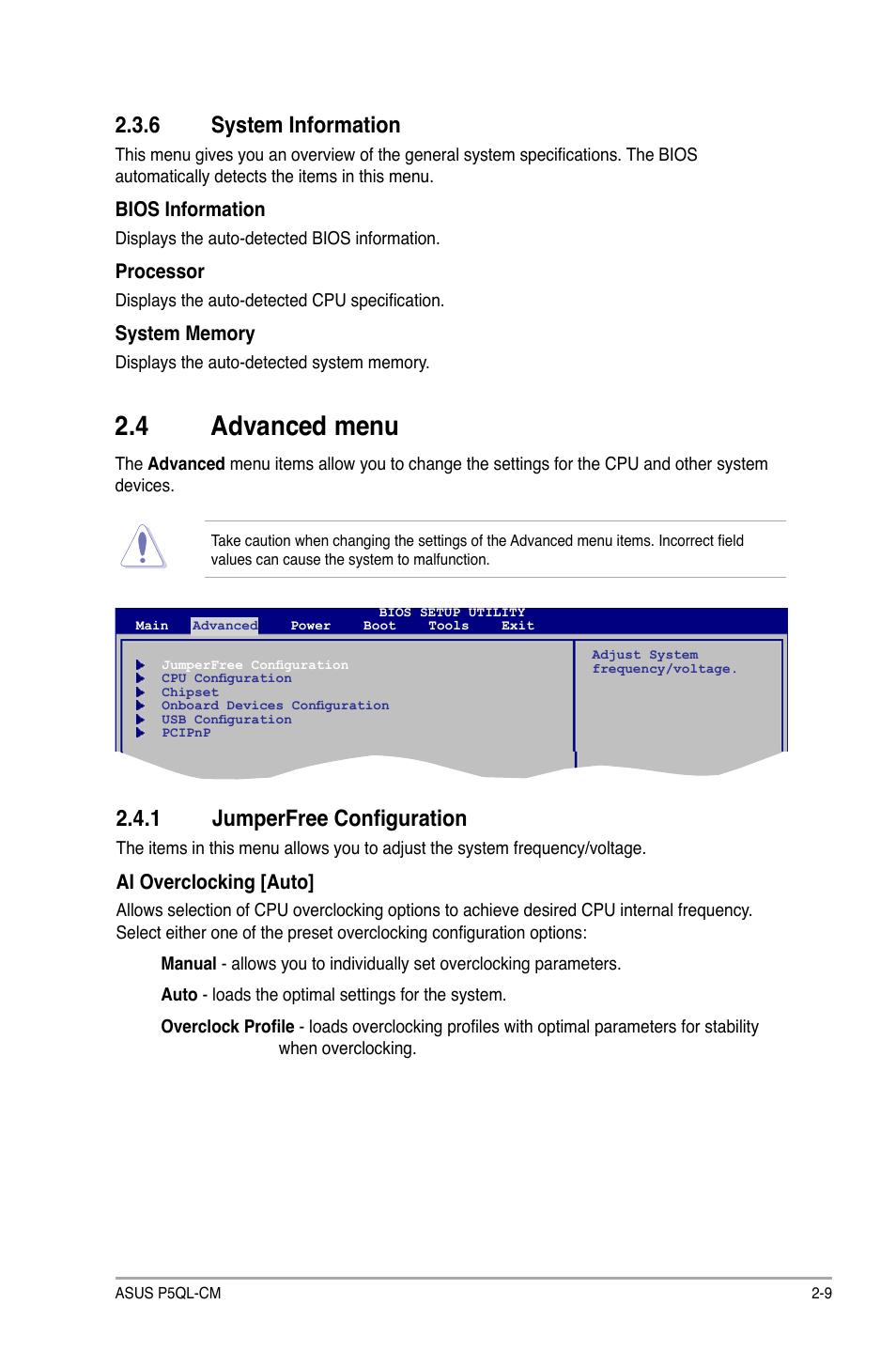 4 advanced menu, 6 system information, 1 jumperfree configuration | Asus P5QL-CM User Manual | Page 49 / 60