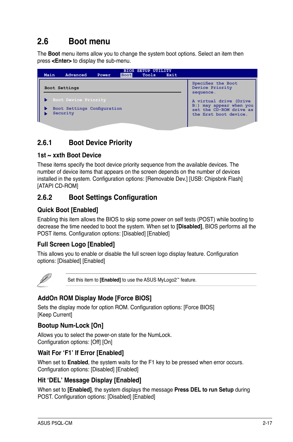 6 boot menu, 1 boot device priority, 2 boot settings configuration | Asus P5QL-CM User Manual | Page 57 / 60