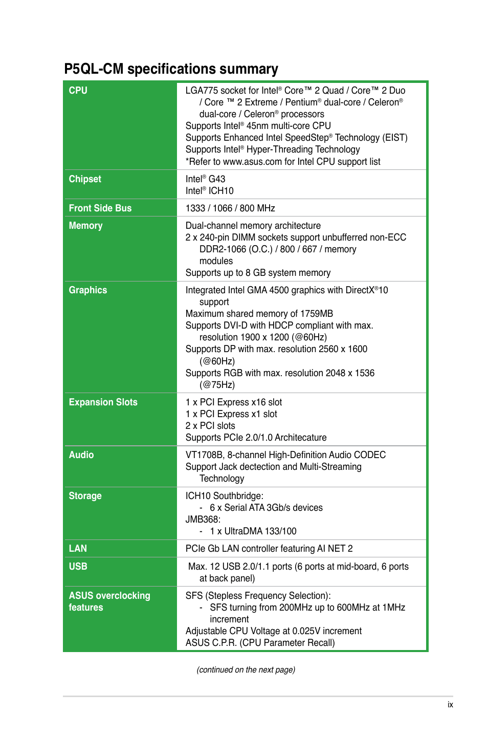 P5ql-cm specifications summary | Asus P5QL-CM User Manual | Page 9 / 60