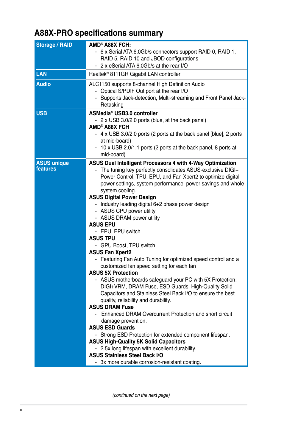 A88x-pro specifications summary | Asus A88X-PRO User Manual | Page 10 / 142